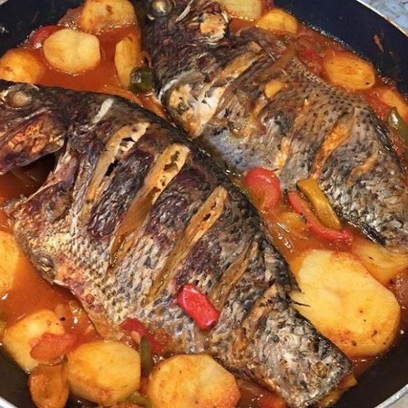 طاجن سمك بلطى او فيلية مع رز ابيض مع سلطة خضراء تكفى فردين