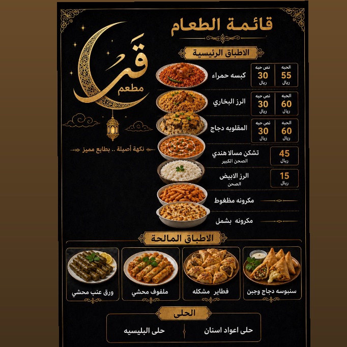 مطعم قمر 🌙

مرحبًا بكم في مطعم قمر، حيث يلتقي الطعم الأصيل بالجودة العالية لنقدم لكم تجربة لا تُنسى. نحرص على إعداد أطباقنا من أجود المكونات الطازجة، مع نكهات مميزة ترضي جميع الأذواق.

نقدم تشكيلة متنوعة من الأطباق الرئيسية، والمقبلات، والحلويات، مع اهتمام خاص بسرعة التحضير وجودة الخدمة.

✨ في قمر… كل وجبة تُحضَّر بحب، وكل لقمة تستحق التجربة.

شكرًا لثقتكم، ونتمنى لكم وجبة شهية.